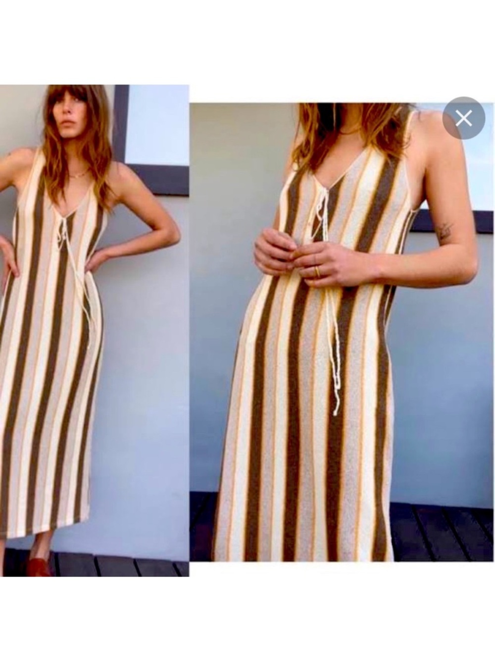 Zara Rustic V-Neck Maxi Dress in Brown and Cream